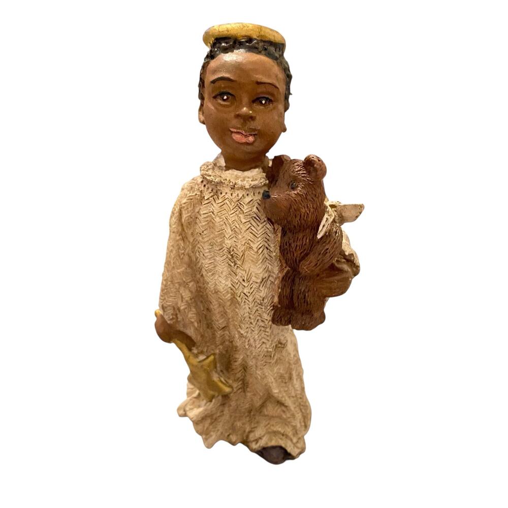 Vintage African American Resin Male Angel Figurine Holding an Angel Teddy Bear